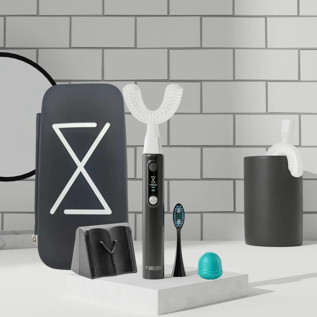view of details included with the Y-Brush Ultra Premium - Electric Sonic Toothbrush for Adult with accessories