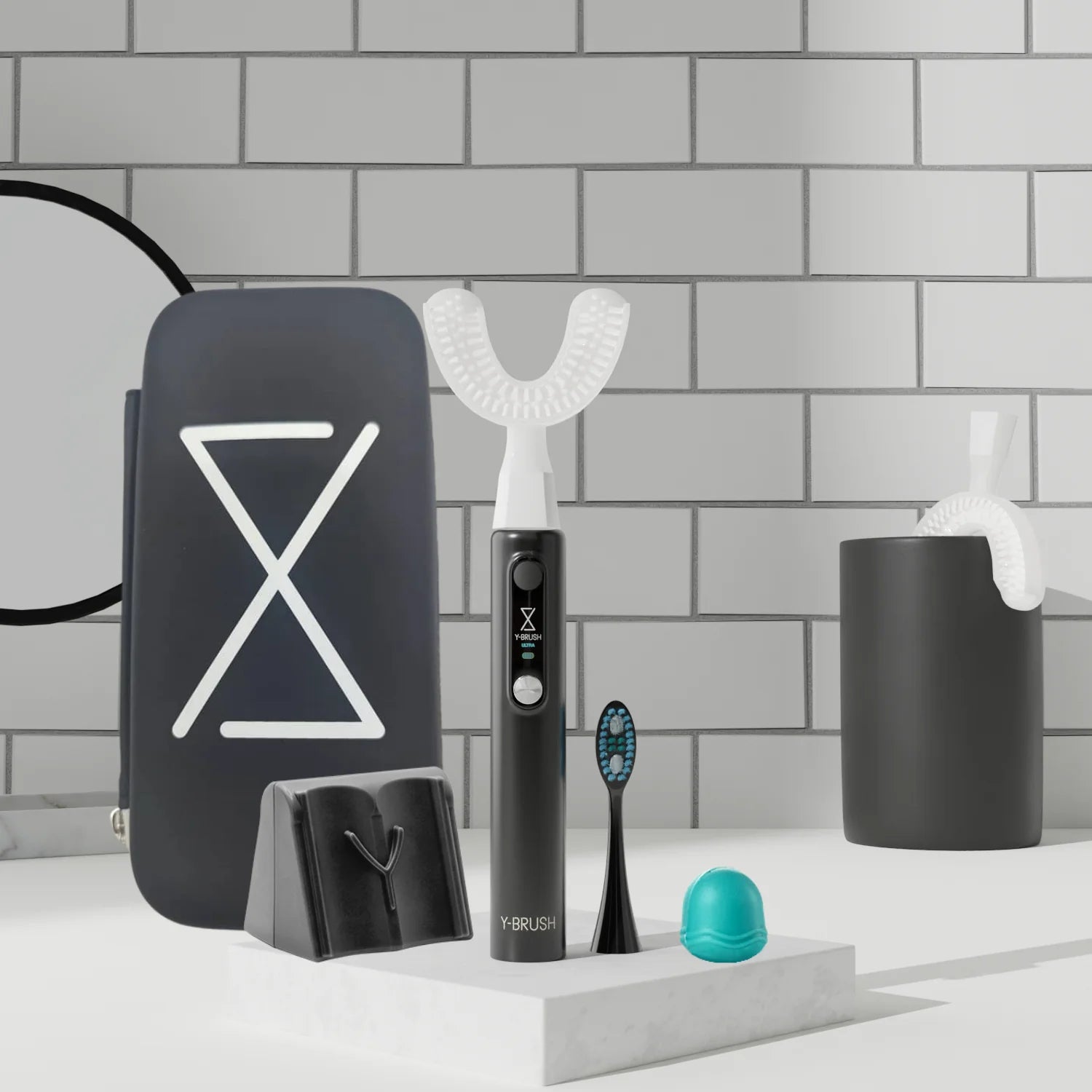 view of details included with the Y-Brush Ultra Premium - Electric Sonic Toothbrush for Adult with accessories